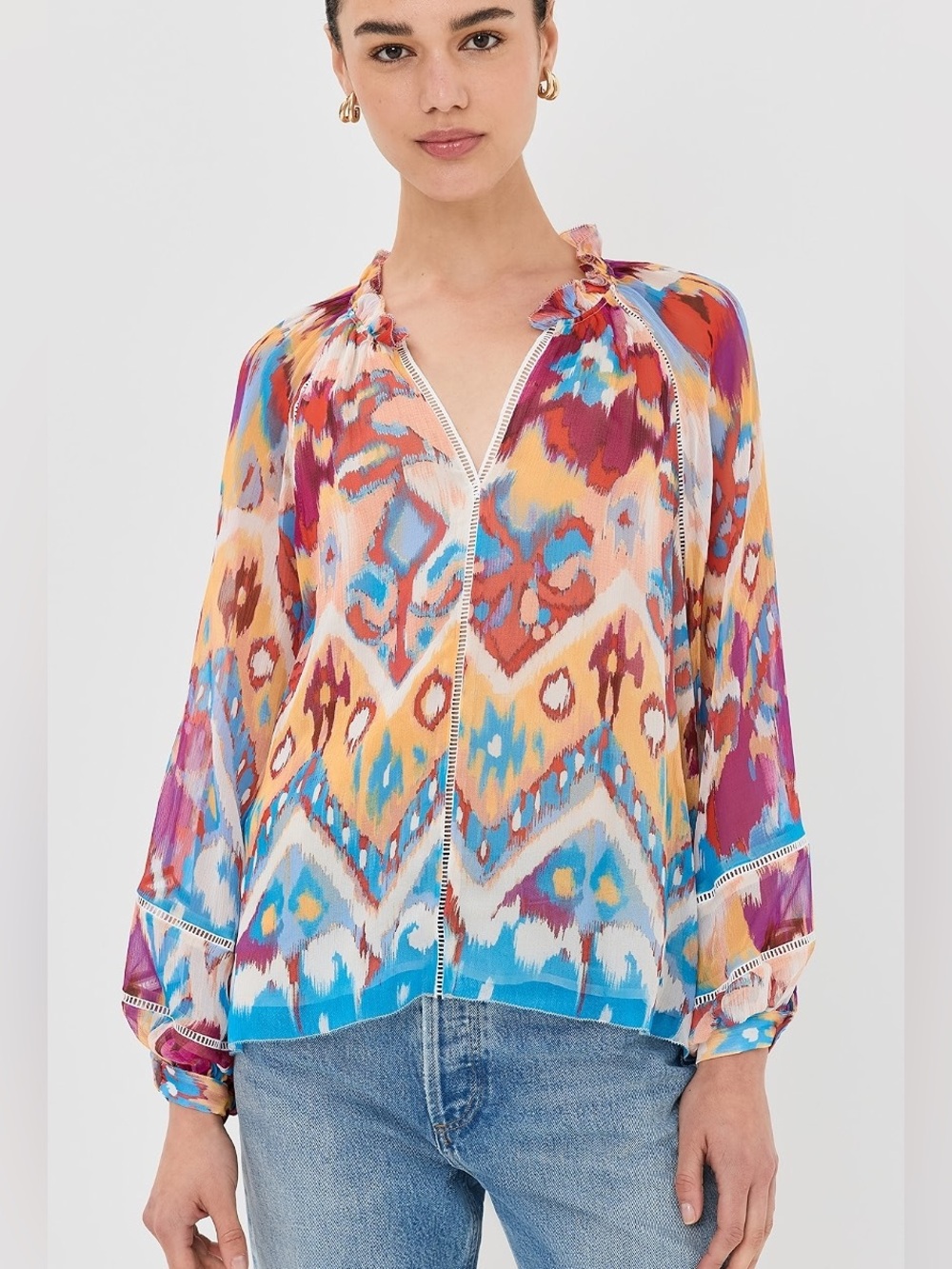 Figue Luz Silk Blouse V Neck Watercolor Colorful Print Womens size XLarge - Picture 2 of 16